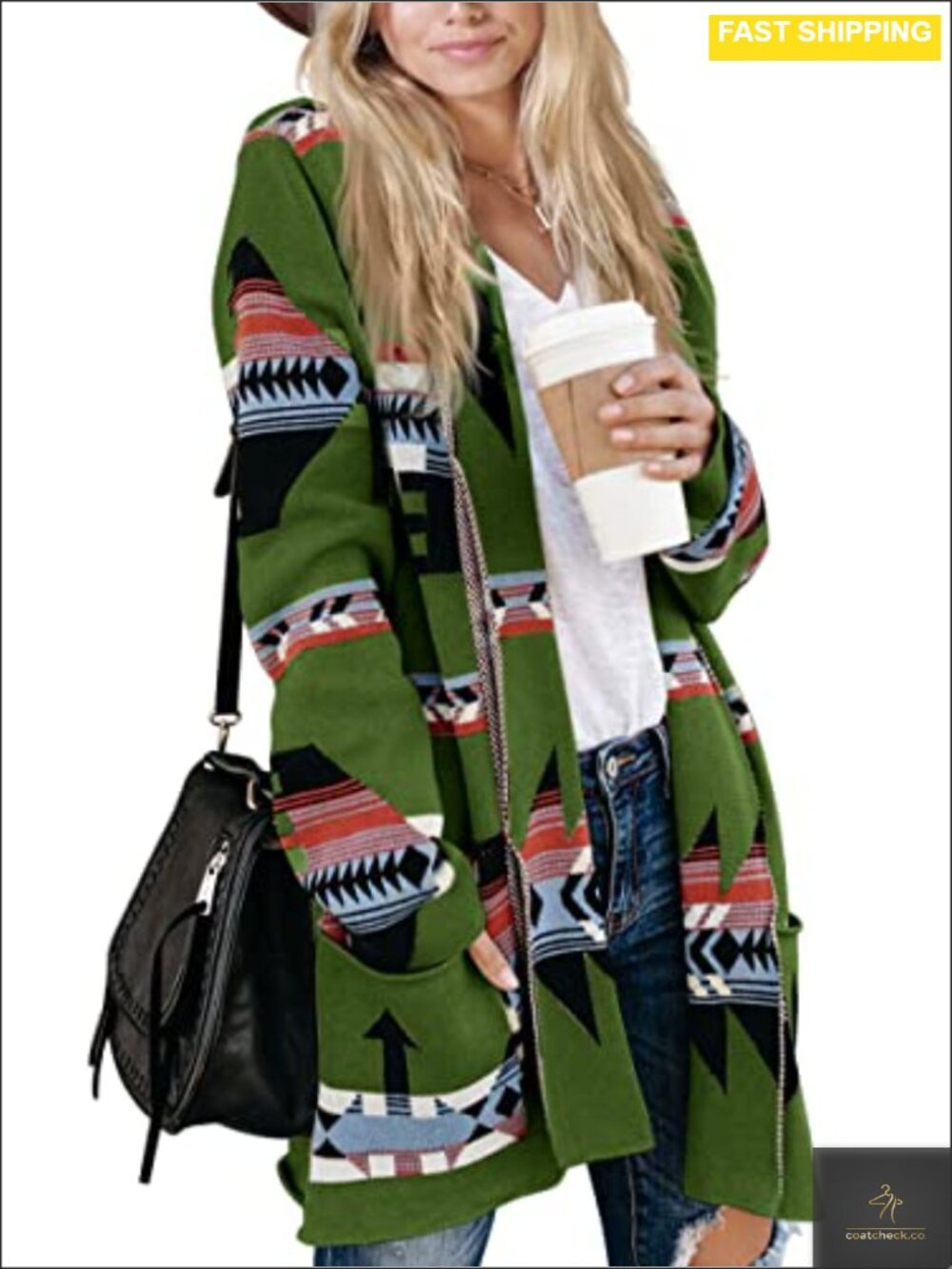 Boho Aztec Open Front Long Sleeve Shawl Collar Knit Cardigan Sweater Coat